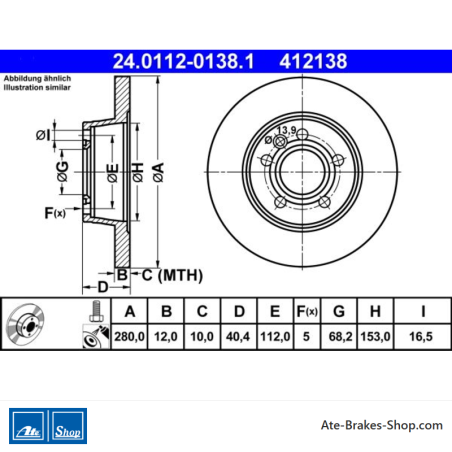 ATE Disque de frein original en 2 pièces (24011201381) pour Volkswagen (VW)
