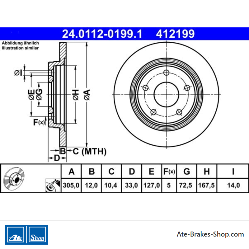 ATE Disco de freno original de 2 piezas (24011201991) para Fiat