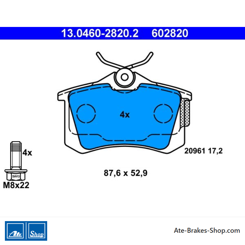 ATE original brake pads (13046028202) for Audi, Citroën, Peugeot, Seat, Skoda, Volkswagen (VW)