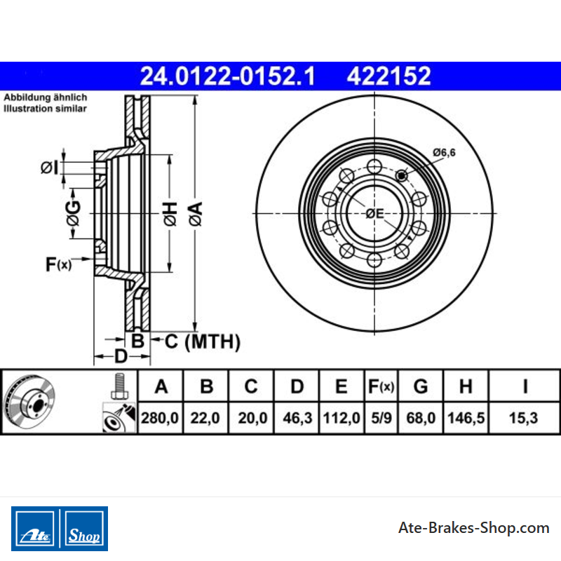 ATE Disco de freno original de 2 piezas (24012201521) para Audi, asiento, Volkswagen (VW)
