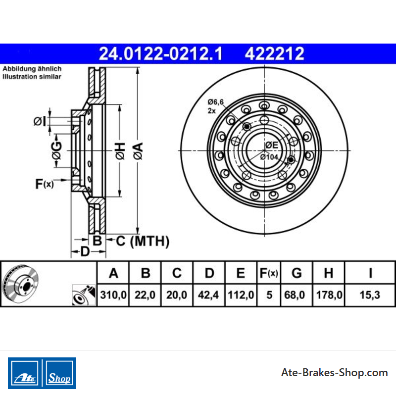 ATE Disco de freno original de 2 piezas (24012202121) para Audi, Volkswagen (VW)