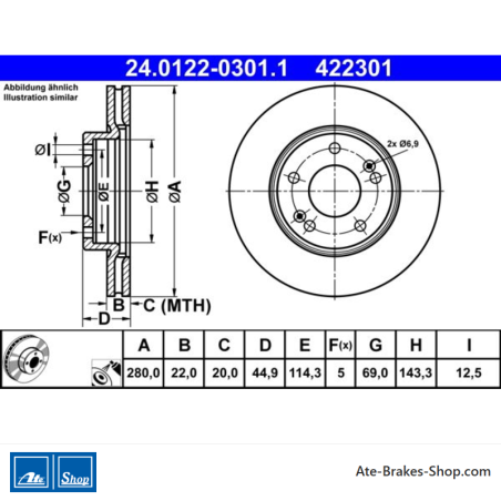 ATE Originale zweiteilige Bremsscheibe (24012203011) für Hyundai, Kia