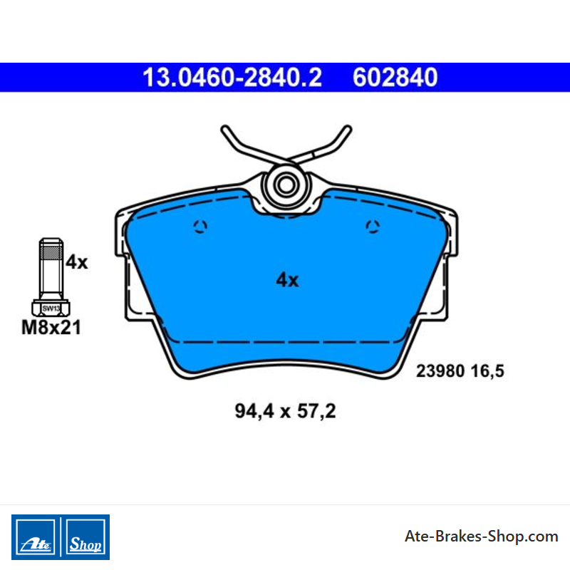 ATE original brake pads (13046028402) for Fiat, Nissan, Opel, Renault