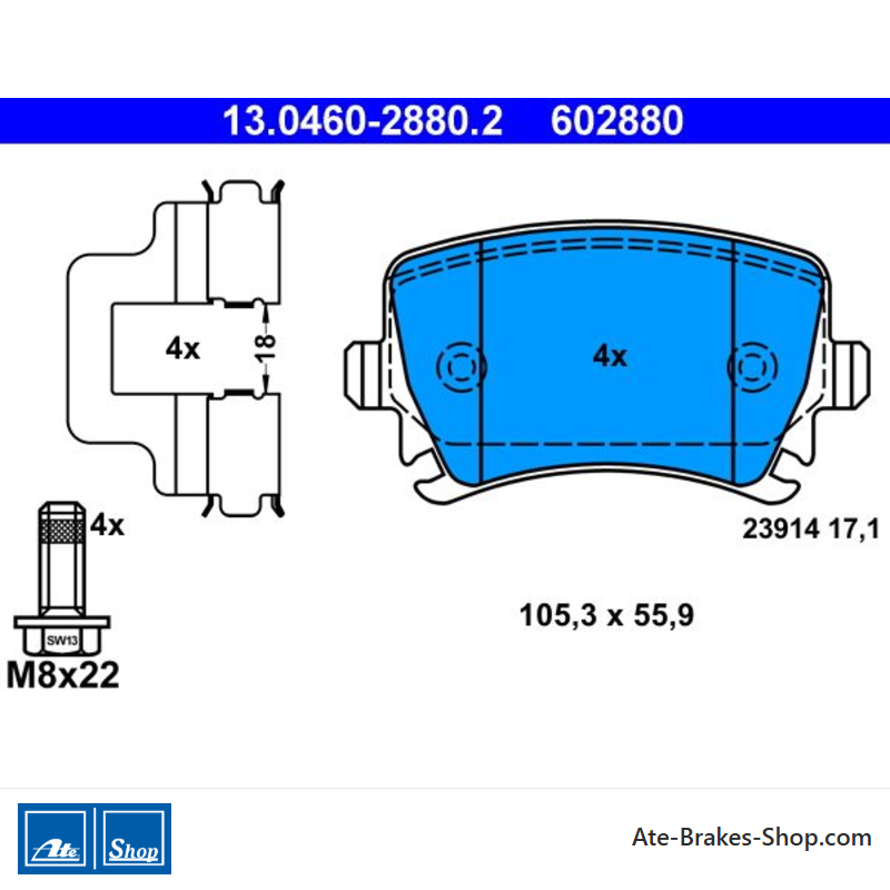 ATE originale Bremsbeläge (13046028802) für Audi, Seat, Skoda, Volkswagen (VW)