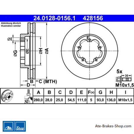 ATE Disco de freno original de 2 piezas (24012801561) para Ford