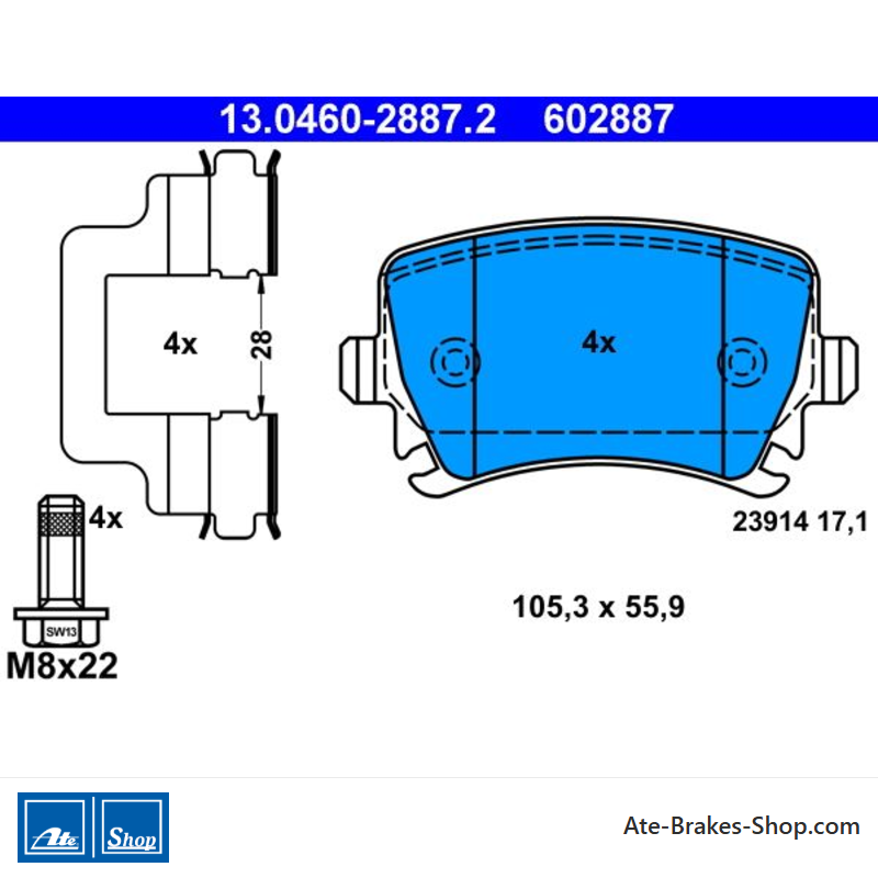 ATE originele remblokken (13046028872) voor Audi, Seat, Skoda, Volkswagen (VW)